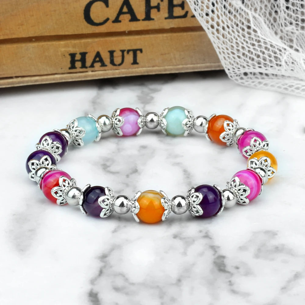 Charm 8mm Natural Striped Agate Opal Beads Bracelets Handmade Elastic Rope Bangles Yoga For Women Friends Jewelry Gifts Pulsera