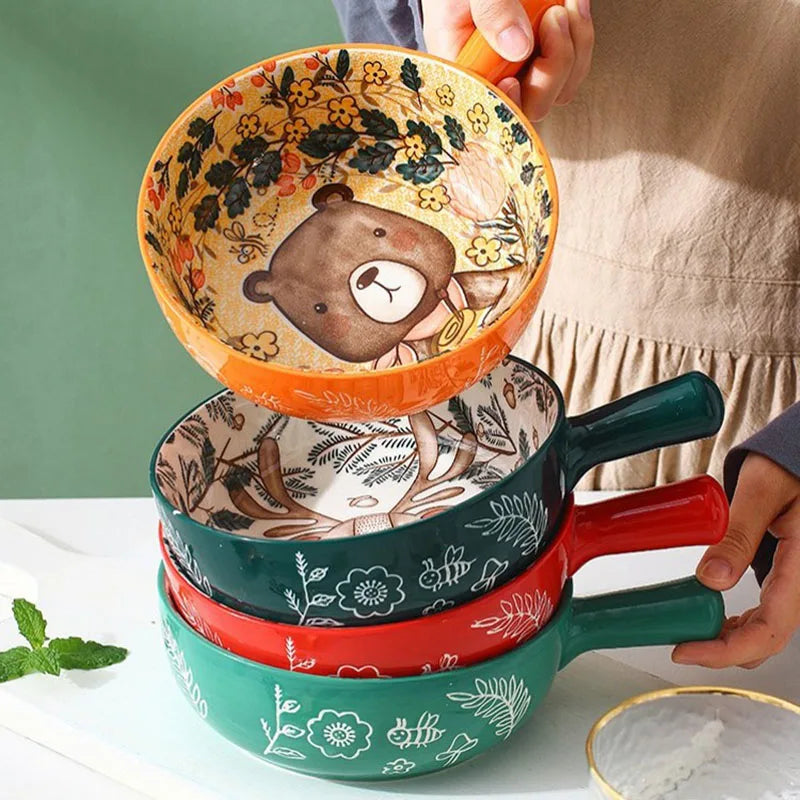 Hemasa Ceramic Bakeware With Handle Forest Animals Baking Pan  Underglaze  Kitchen Tableware Salad Bowl Au Gratin Dishes