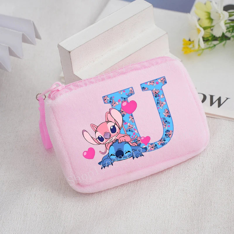 Disney Stitch Plush Coin Purse Cute Anime Cartoon A-Z Letter Stich Printed Wallet Kawaii Girls Earphone Storage Zipper Bag Gifts