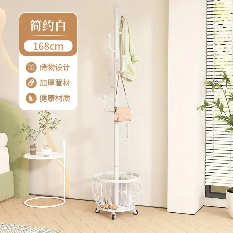 Standing Coat Rack with Basket, Entryway Coat Hanger Stand, Mobile Clothes Storage Rack with Wheels, Hallway