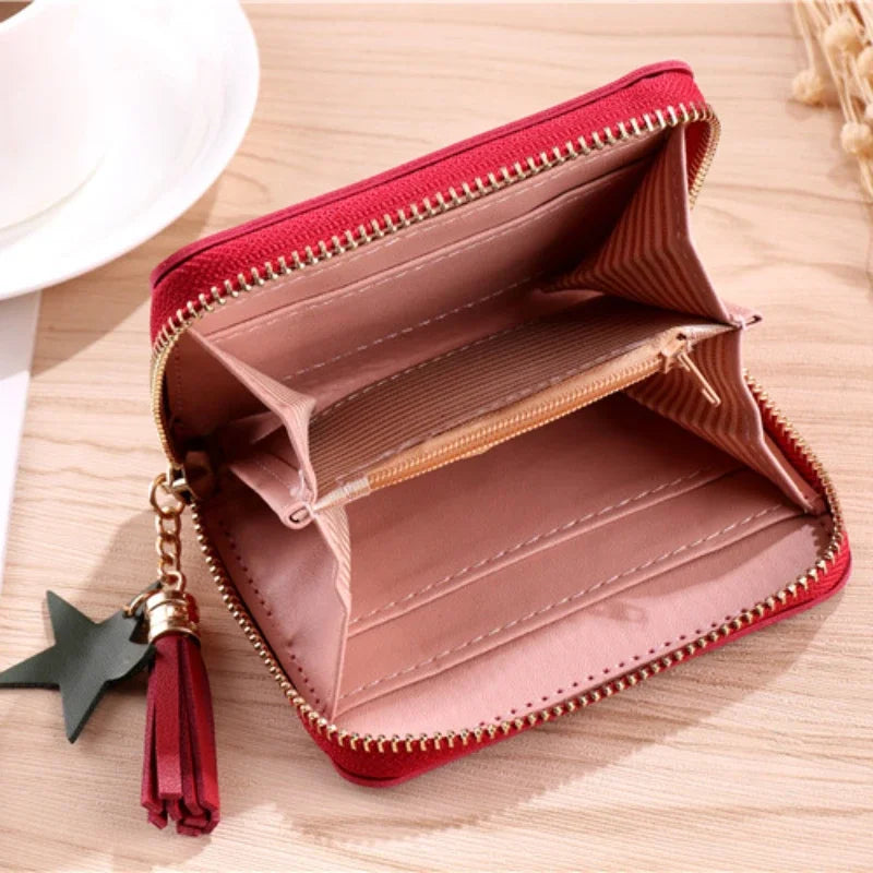 Hemasa PU Zipper Short Wallet Women Little Star Tassel Pendant Multi-card Slots Card Wallet Coin Purse