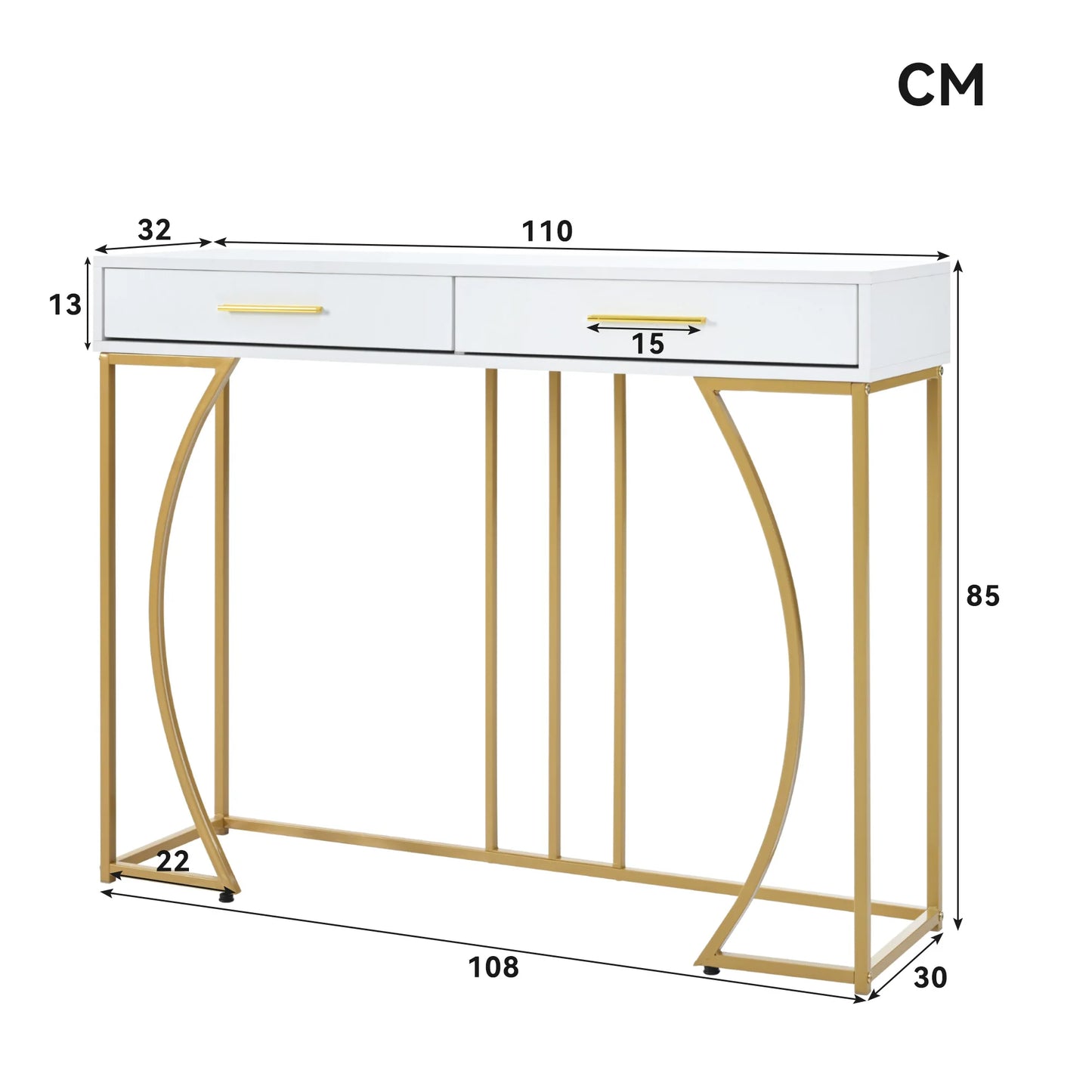 Hemasa Elegant Console Table with 2 Drawers and Metal Frame, White and Gold Finish Lightweight  Side Table for Hallway or Sofa