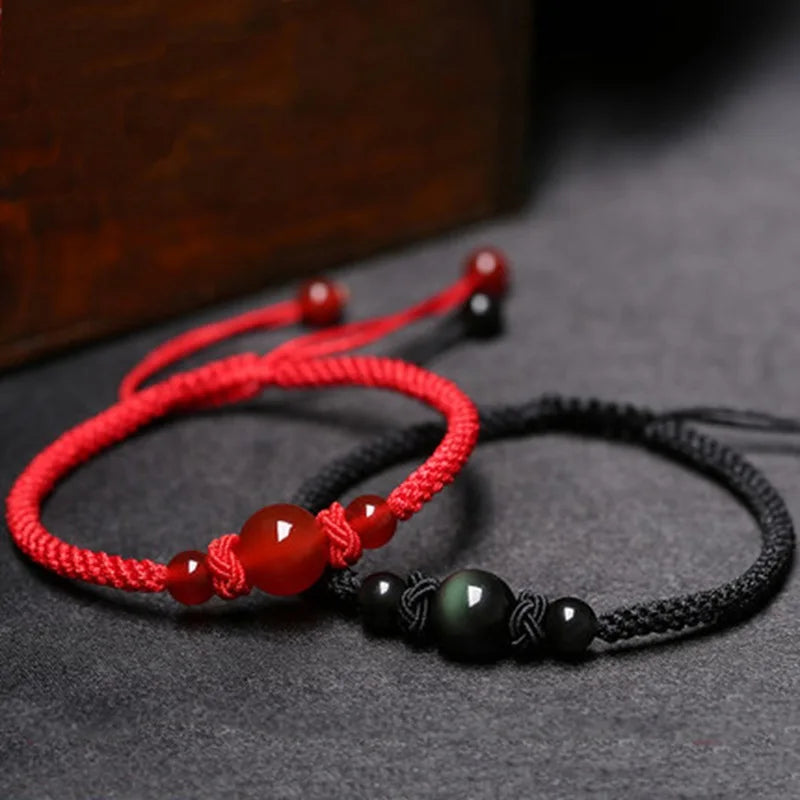 Tejesa Onyx And Obsidian Knits  Good Luck 1pc Knot Braided Natural Stone Bracelet For Men/Couple