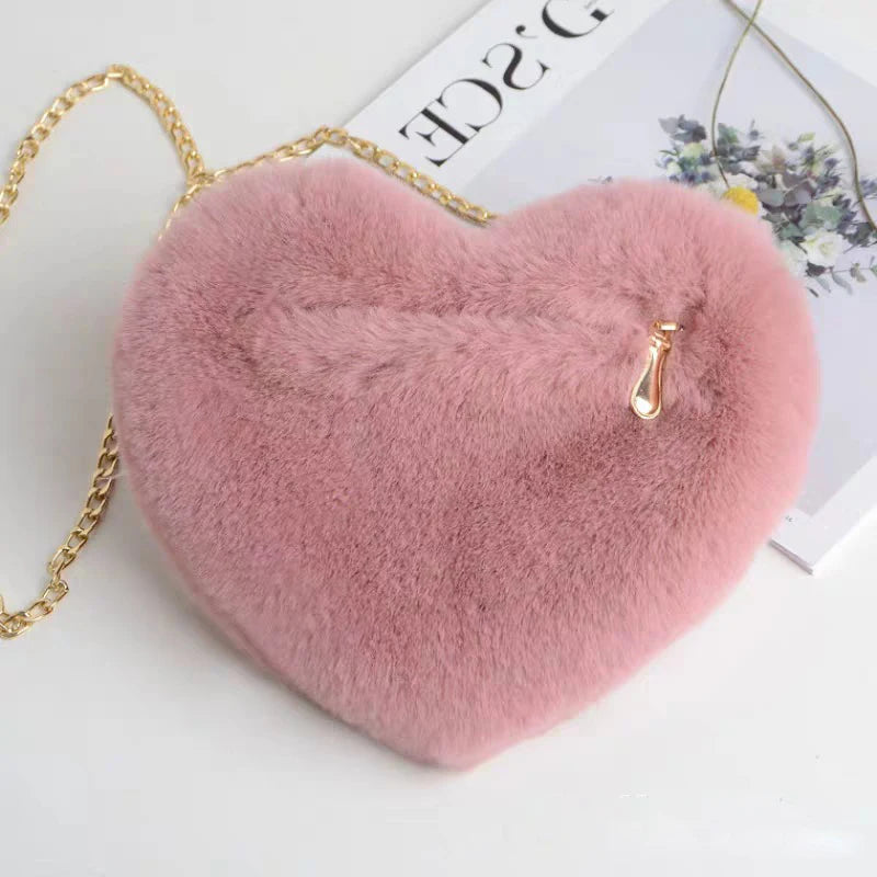 Fashion Women's Heart Shaped Handbags Cute Kawaii Faux Fur Crossbody Bags Wallet Purse Plush Chain Shoulder Bag Lady Handbag
