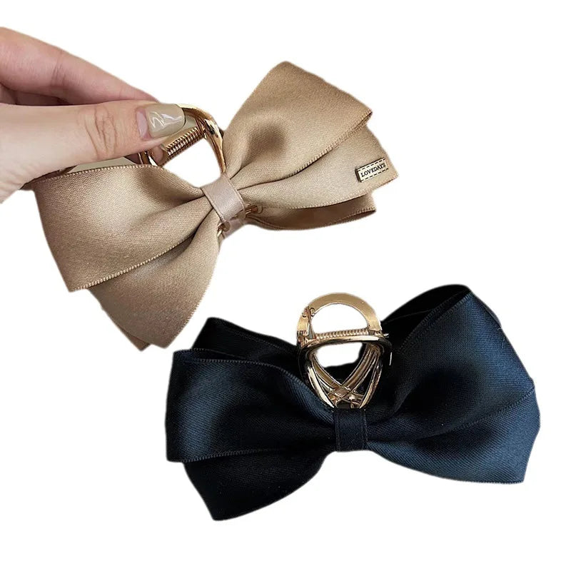 Hemasa Black Satin Bow Clip Women’s  Summer Headwear  Temperament Hair Clip Back of the Head Shark Clip