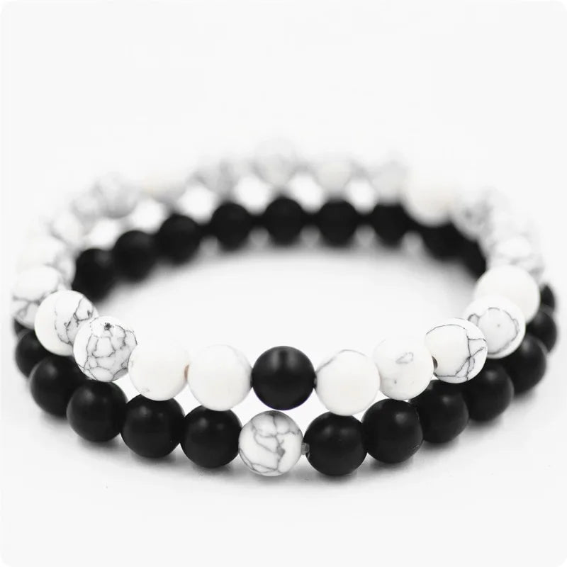 Black Matte White Line Turquoise Pink Pine Couple Set Bracelet Hot Selling Natural Stone Jewelry Beaded Bracelet For  Lovers