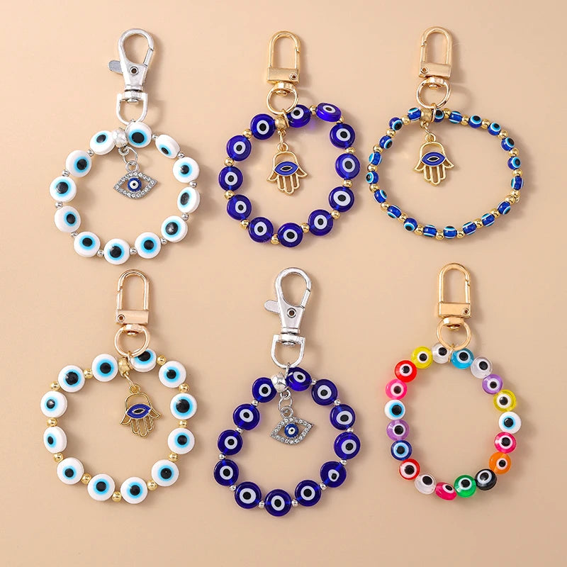 Aihua Colorful Round Evil Eyes Beaded Keychain For Couple Lover Boho Turkish Lucky Blue Eye Key Ring Bag Phone Lanyard