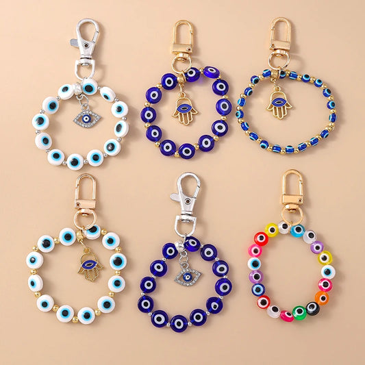 Aihua Colorful Round Evil Eyes Beaded Keychain For Couple Lover Boho Turkish Lucky Blue Eye Key Ring Bag Phone Lanyard