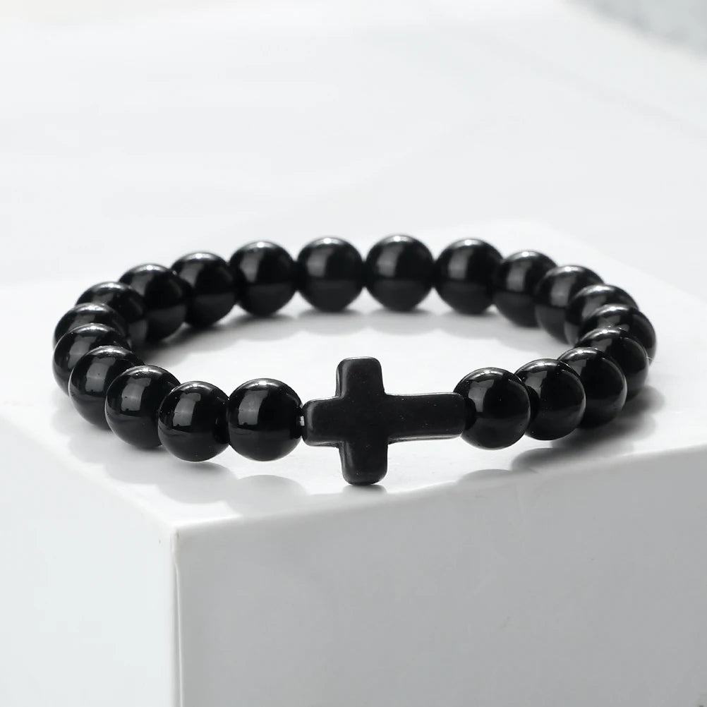 Jesus Cross Men Bracelet Natural Stone Black Lava Turquoises Onyx Beads Charm Bracelets Women Yoga Bangles Prayer Jewelry Gifts