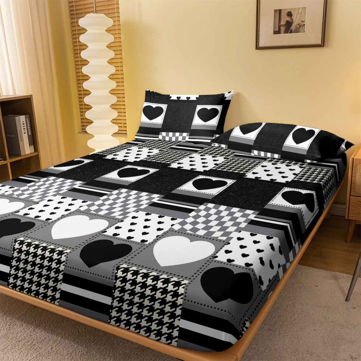 1 Simple modern Heart-Shaped Geometry printed matte Fitted Sheet, bedroom printed bed cover, bedding (excluding pillowcases)