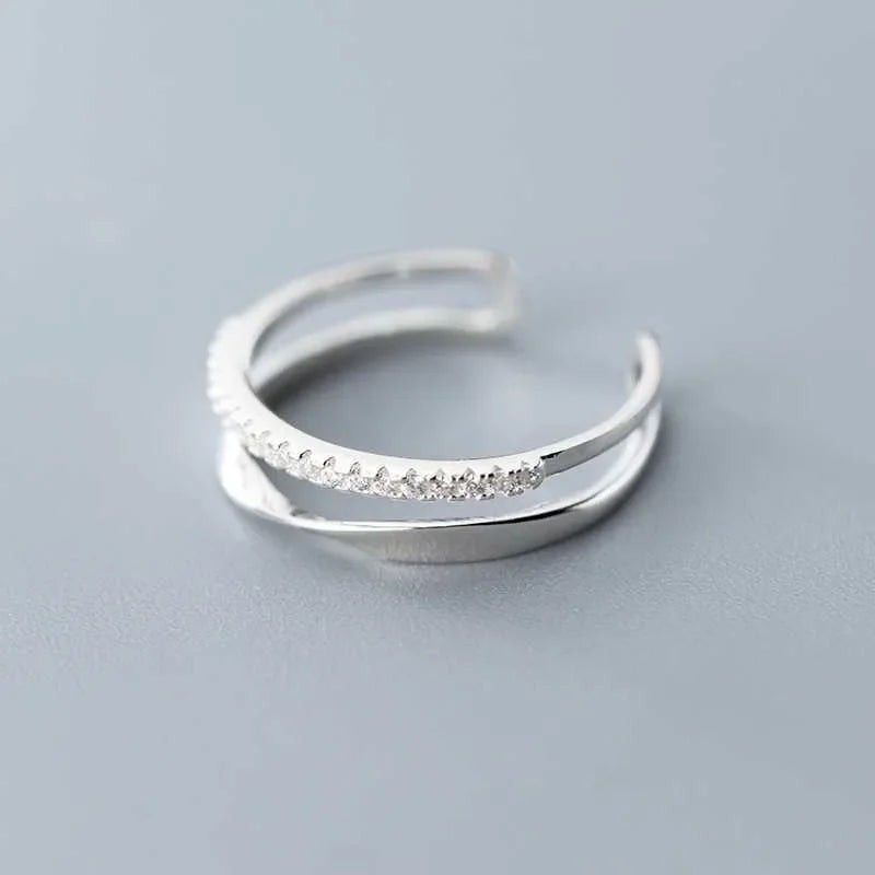 925 Sterling Silver Double Geometry zircon Ring For Women Jewelry Finger Adjustable Open Ring For Party Birthday Gift