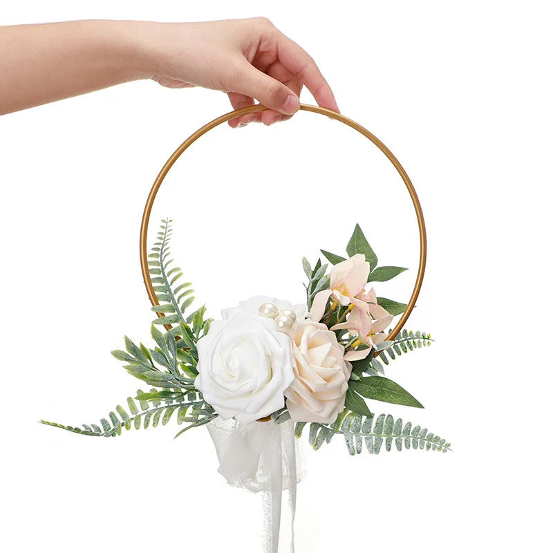 YeeNanee Wedding Gold Hoop Bouquet for Bridesmaids Floral Rose Eucalytpus Metal Ring Wreath Bridal Shower Ceremony Decoration