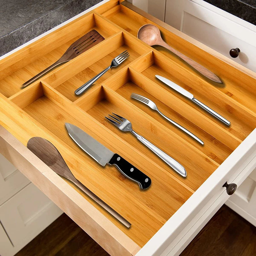 Hemasa Bamboo Cutlery Rack Expandable Drawer Organizer, Adjustable Cutlery Tray, Wooden Cutlery Drawer Divider Organizer