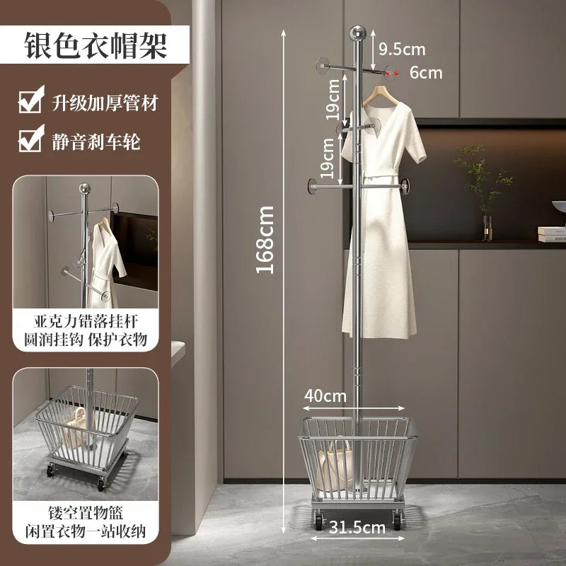 Standing Coat Rack with Basket, Entryway Coat Hanger Stand, Mobile Clothes Storage Rack with Wheels, Hallway