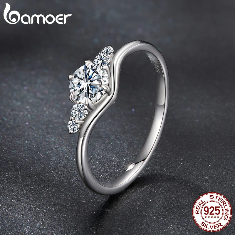 BAMOER 0.6CT Moissanite Ring 5-Stones Prongs Setting Band Ring D Color VVS1 Original for Women Wedding Jewelry with Certificate