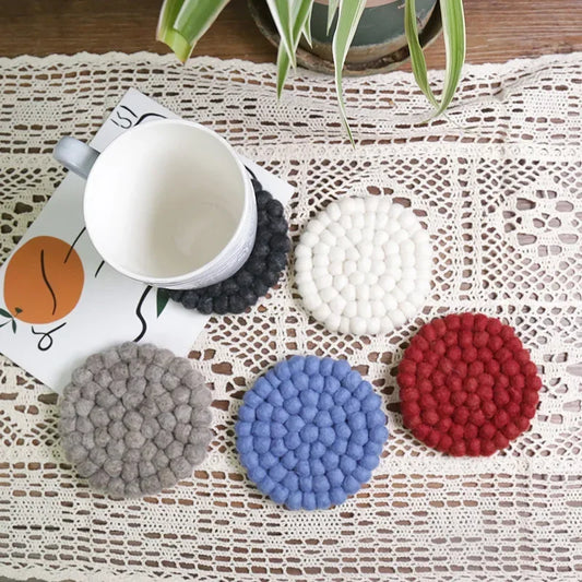 Hemasa  Wool Felt Coasters Handmade Ball Poke Place Mats Insulated Solid Color Wool Felt Placemats Kitchen Decoration (Set of 5)