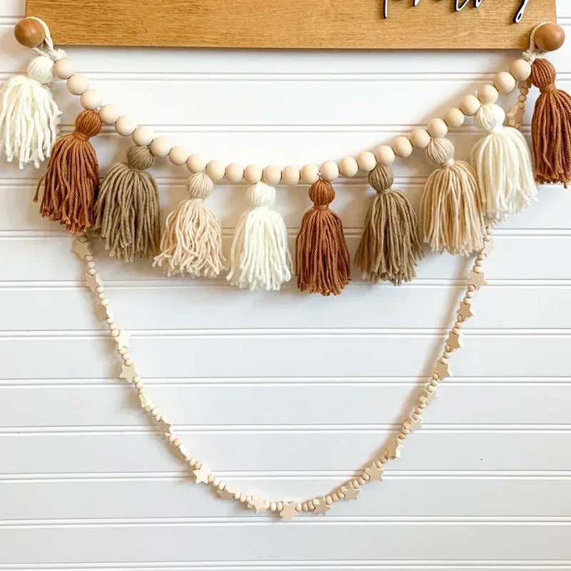 Nordic Style Hand-woven Wooden Beads String Wool Tassel  Home 2023 New Style Children's Kid Room Decoration Wall Hangings Decor