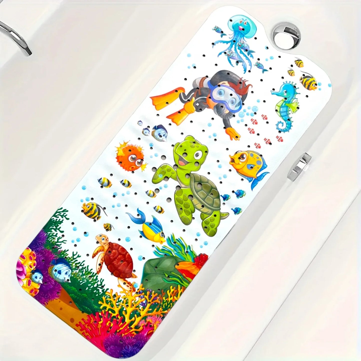 1pc Non Slip Bathtub Mats, 40x100cm Cartoon Ocean Bath Mats with Suction Cups & Dran Holes, PVC Shower Mats Bath Rugs Quick Dry
