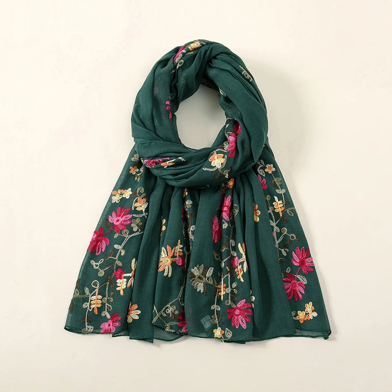 Plain Flower Embroidery Hijab Scarf Viscose Muslim Hijab Shawls Women Soft Long Towel Wraps Elegant Casual Heabscarf Turban