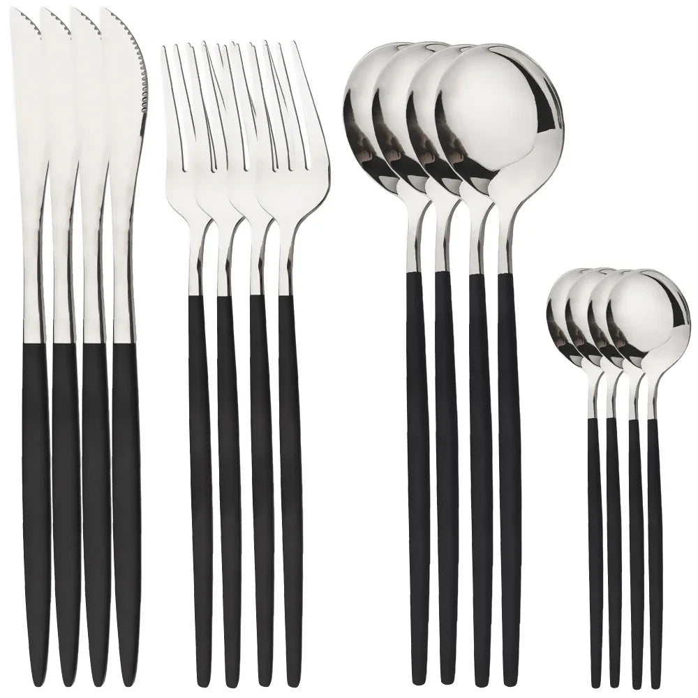Hemasa 16Pcs Cutlery Set Stainless Steel Mirror TablewareDinner Black Gold Dinnerware Set Knife Fruit Fork Spoon Silverware Kitchen