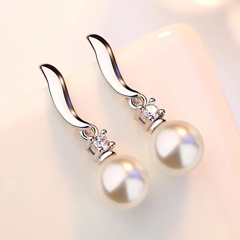 Solid 925 Sterling Silver Pearl Pendant Necklace Crystal Stud Earrings Jewelry Sets For Women New Trendy FQL23080