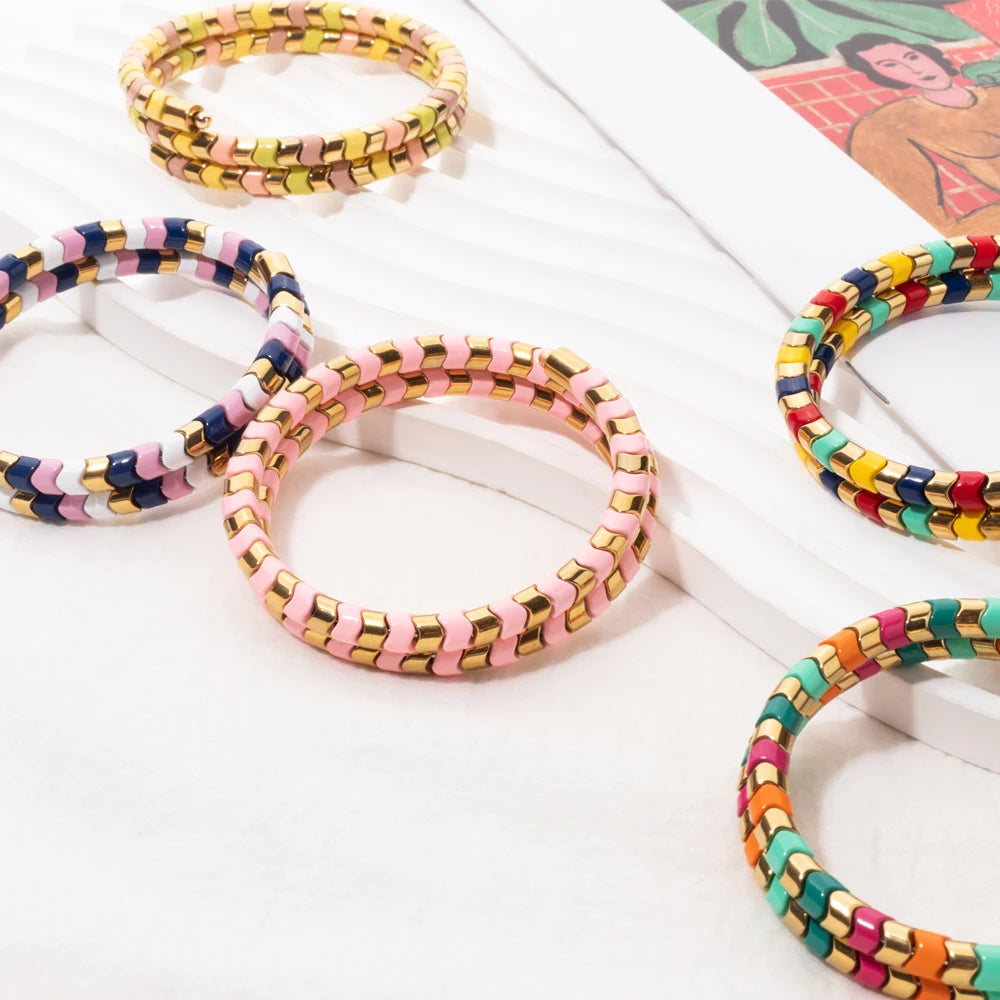 Tejesa 5X6mm  Enamel Colorful  Circle Tube Beads Bangle Bracelet  For Women