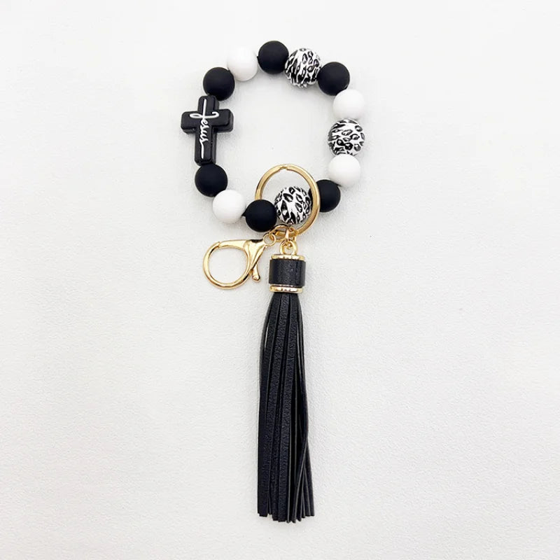Amazon Hot sell Creative Silicone Beads Hand Stream Wood Big Bead Wrist cross leopard Key Chain bag Pendant Bracelet Keychain