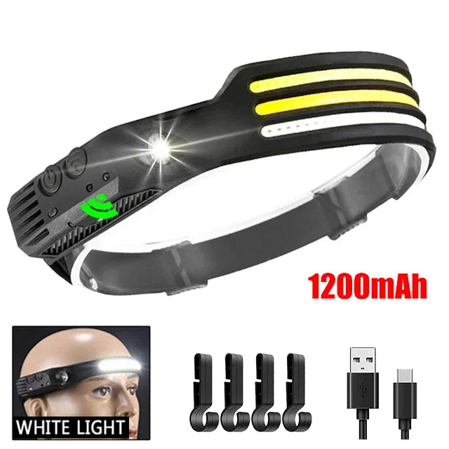 Hemasa COB LED Headlamp Induction Head Lamp Built-in Battery USB Rechargeable Head Flashlight Outdoor Camping Fishing Sensor Headlight