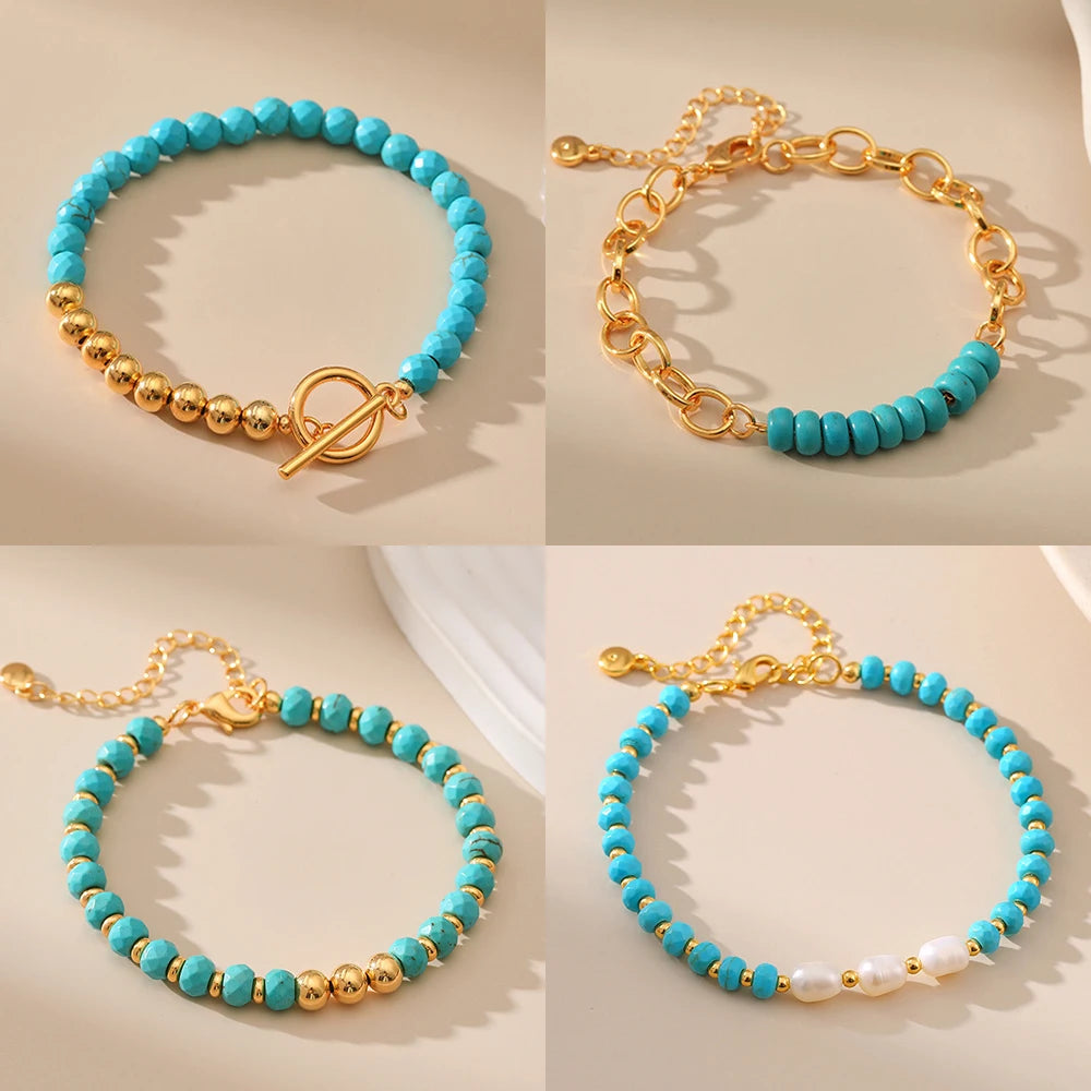 Fashion Blue Turquoise Bracelets Handmade Natural Stone with Gold Plated Beaded Bracelet for Men Women Vintage Jewelry Gift