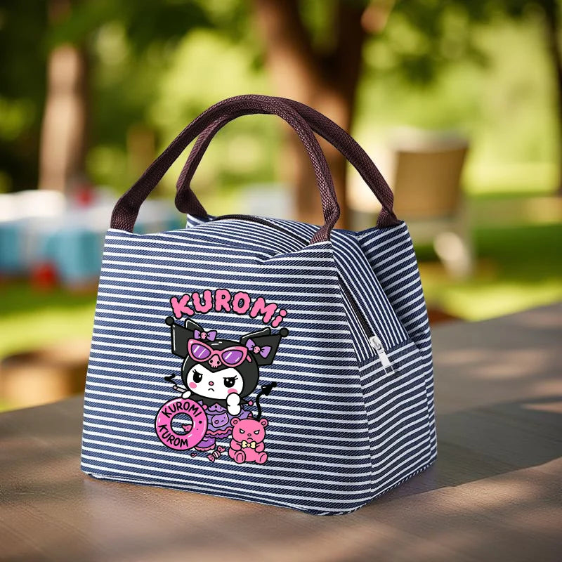 Hello Kitty Insulated Striped Lunch Bag Kuromi Portable Tote for Meals, Picnic Carrier, Suitable for School, Work, Beach Outings