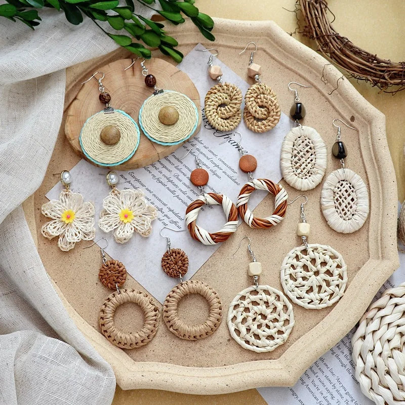 New Fashion 2024 Handmade Bohemian Geometric Wooden Big Hollow Out Square Rattan Straw Weave Drop Earrings for Women