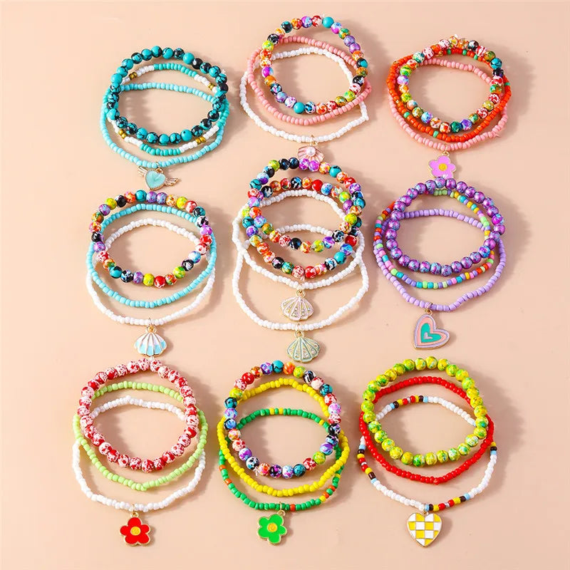 Bohemia Multilayer Colorful Beaded Bracelets Set For Women Heart Shell Flower Butterfly Charms Bracelet Summer Jewelry Gifts