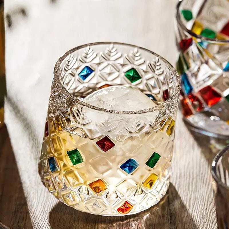 Hemasa 250 ml Rotating Crystal Whiskey Glasses With Wooden Coaster Tray/ Colored Glass Cup/ Colored Stress Relief Glass Cup