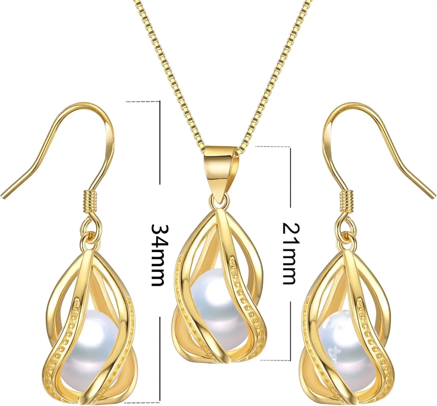 YWYC Gold Color Chain Pendant Necklace 8-9mm Natural Freshwater Pearl in Cage Pendant & Drop Earrings Jewelry Set for Women