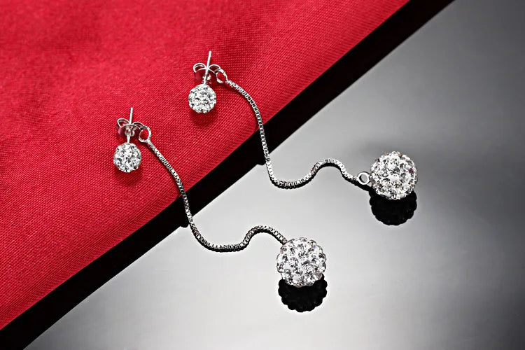 High Quality 925 Sterling Silver Rhinestone Earrings Double Crystal Ball Long Tassel Stud Earrings Brincos De Prata For Women