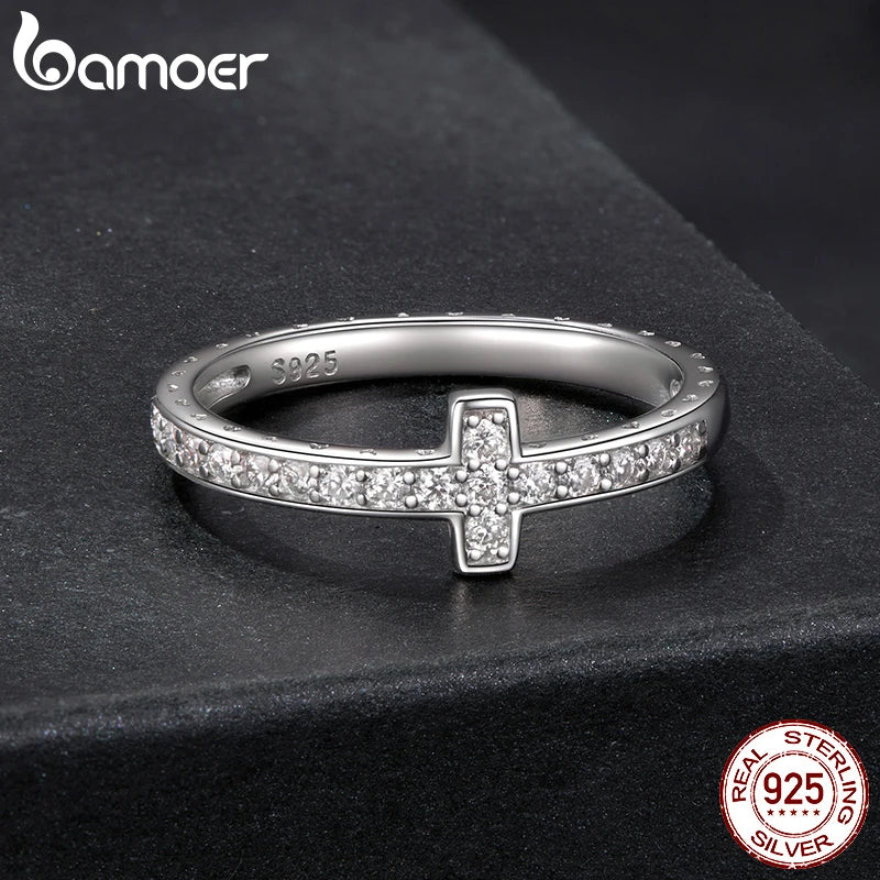BAMOER Cross Moissanite Ring Stackable Full Eternity Sideways Band Ring D Color VVS1 for Women Engagement Religious Jewelry Gift