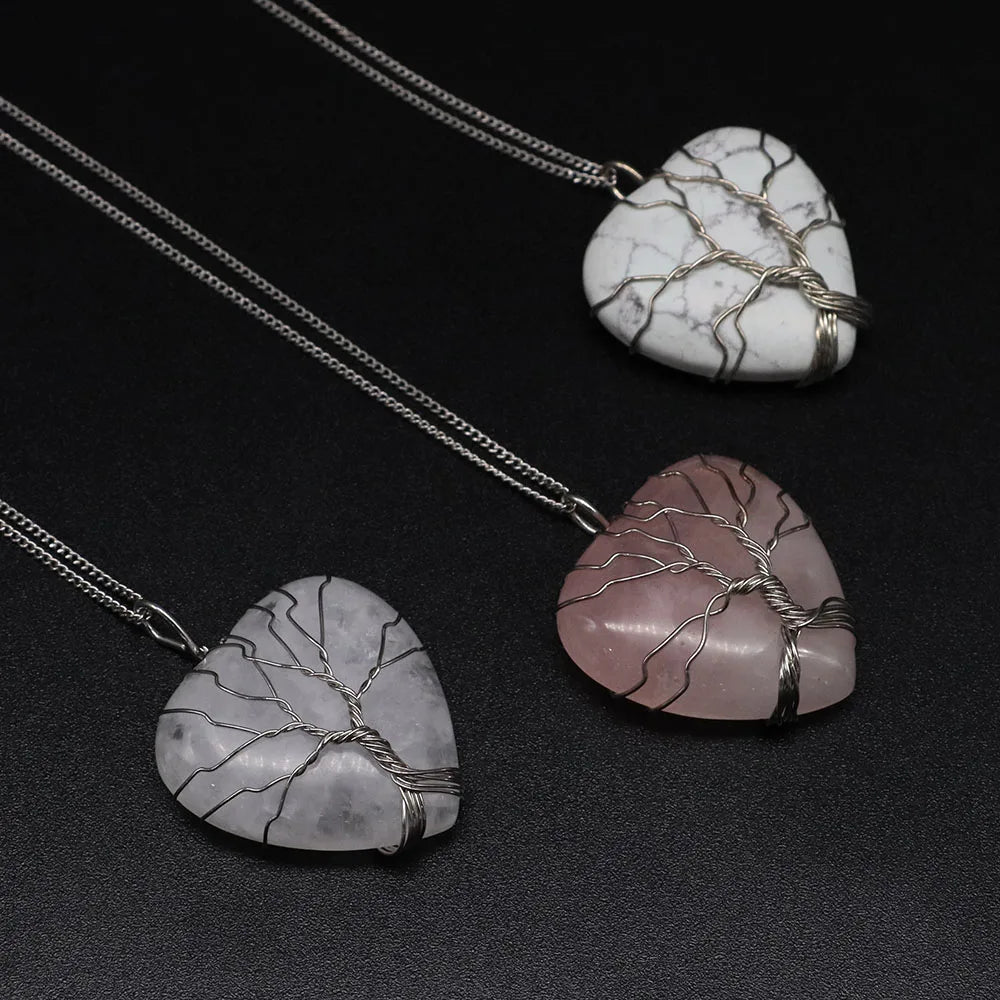 Heart Shape Pendant Neckalce Tree Of Life Wire Wrapped Natural Crystals Lapis Lazuli Rose Quartz Healing Gems Love Jewelry Gifts