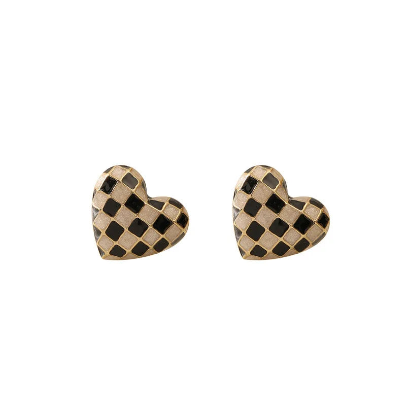 Checkerboard Heart Earrings, Black & White Pattern, Gold-Plated, Heart Shape