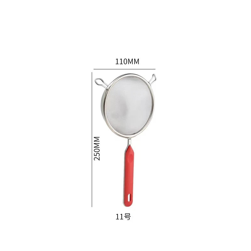 10 Sizes 201 Stainless Steel Strainer Colander Fine Mesh Oil Skimmer PP Red Handle Food Noodles Flour Sieve Frying Scoop