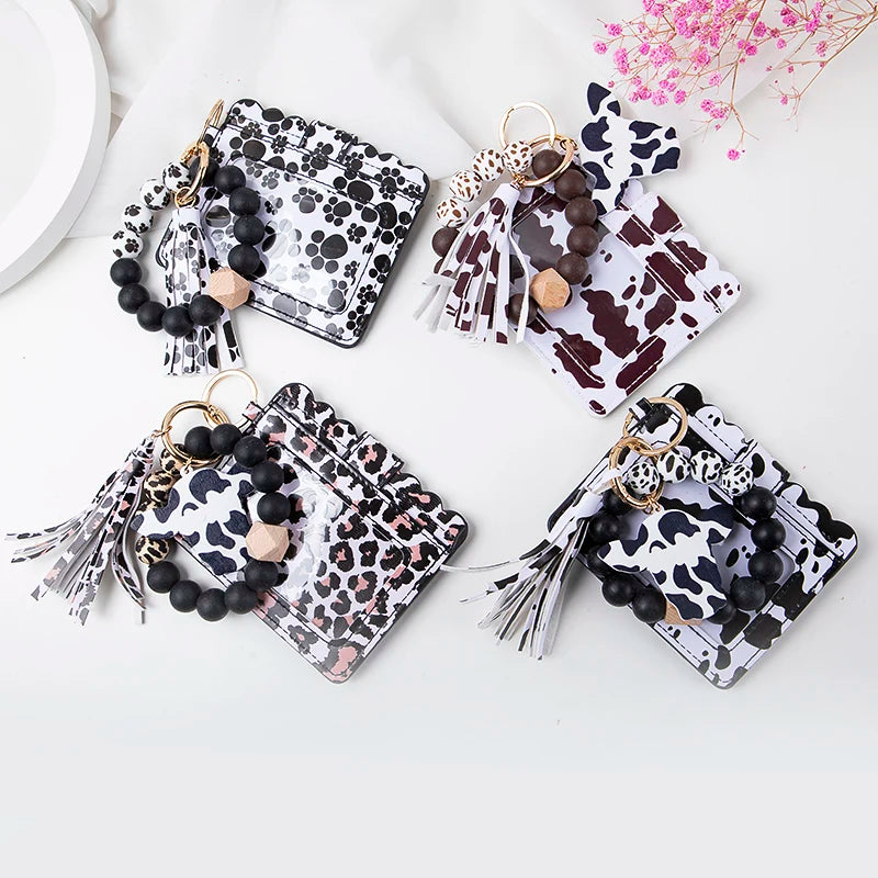 Hemasa  Silicone Beaded Bracelets Key Rings Leopard Print Card Holder Wallets Leather Tassel Keychains for Women Jewelry Gifts