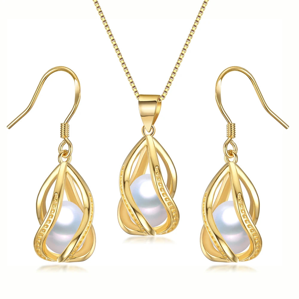YWYC 8-9mm Natural Freshwater Pearl In Cage Pendant Necklace Drop Earrings & Pendant Jewelry Set for Women
