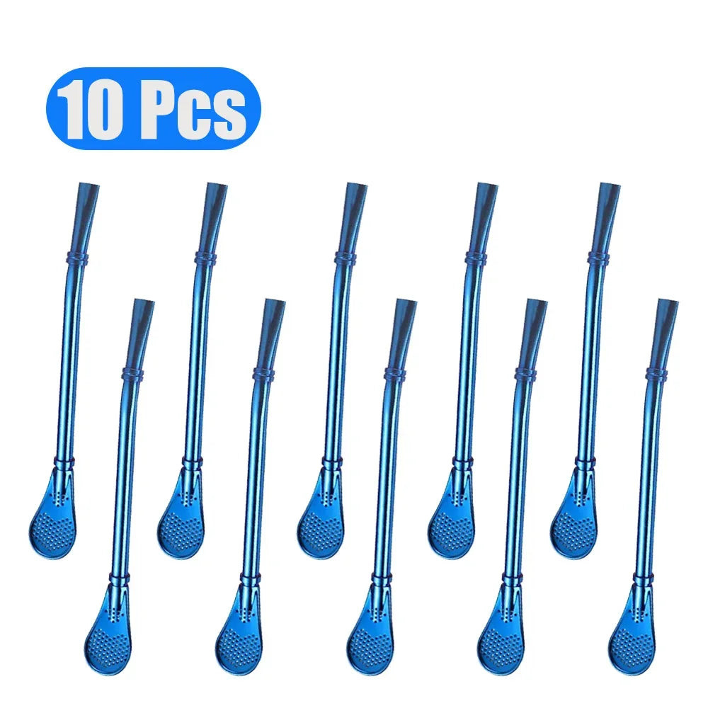 1-10Pcs 304 Stainless Steel Drinking Straw Spoon Tea Filter Reusable Bombilla Gourd Cocktail Straw Spoon Coffee Bar Accessory