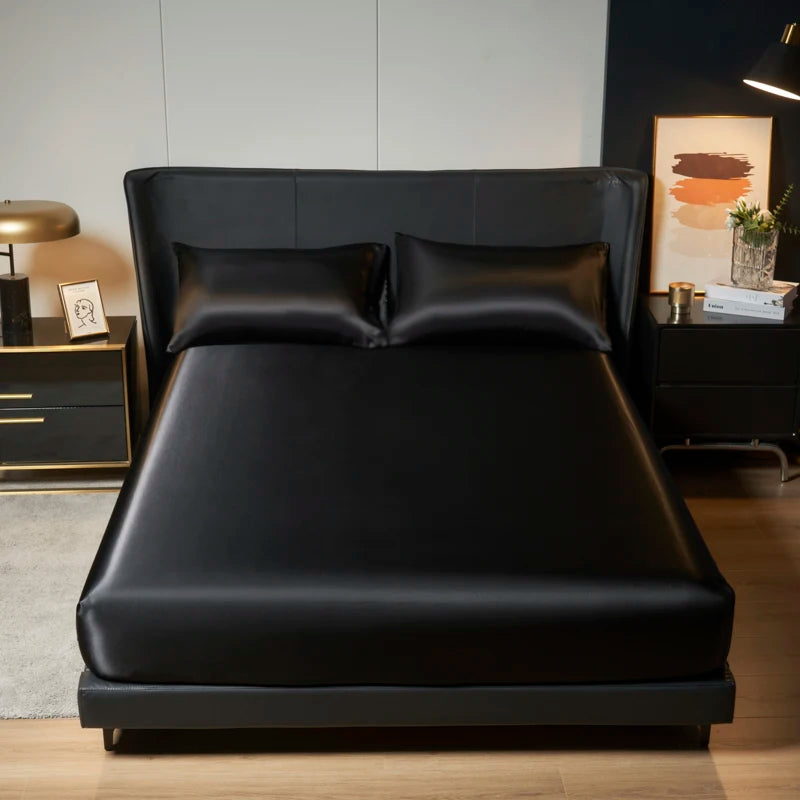 1Pc Satin Fitted Sheet Solid Colour Twin Full Queen Ice Silk Mattress Cover Natural With Elastic Band Bed Sheet (No Pillowcase)