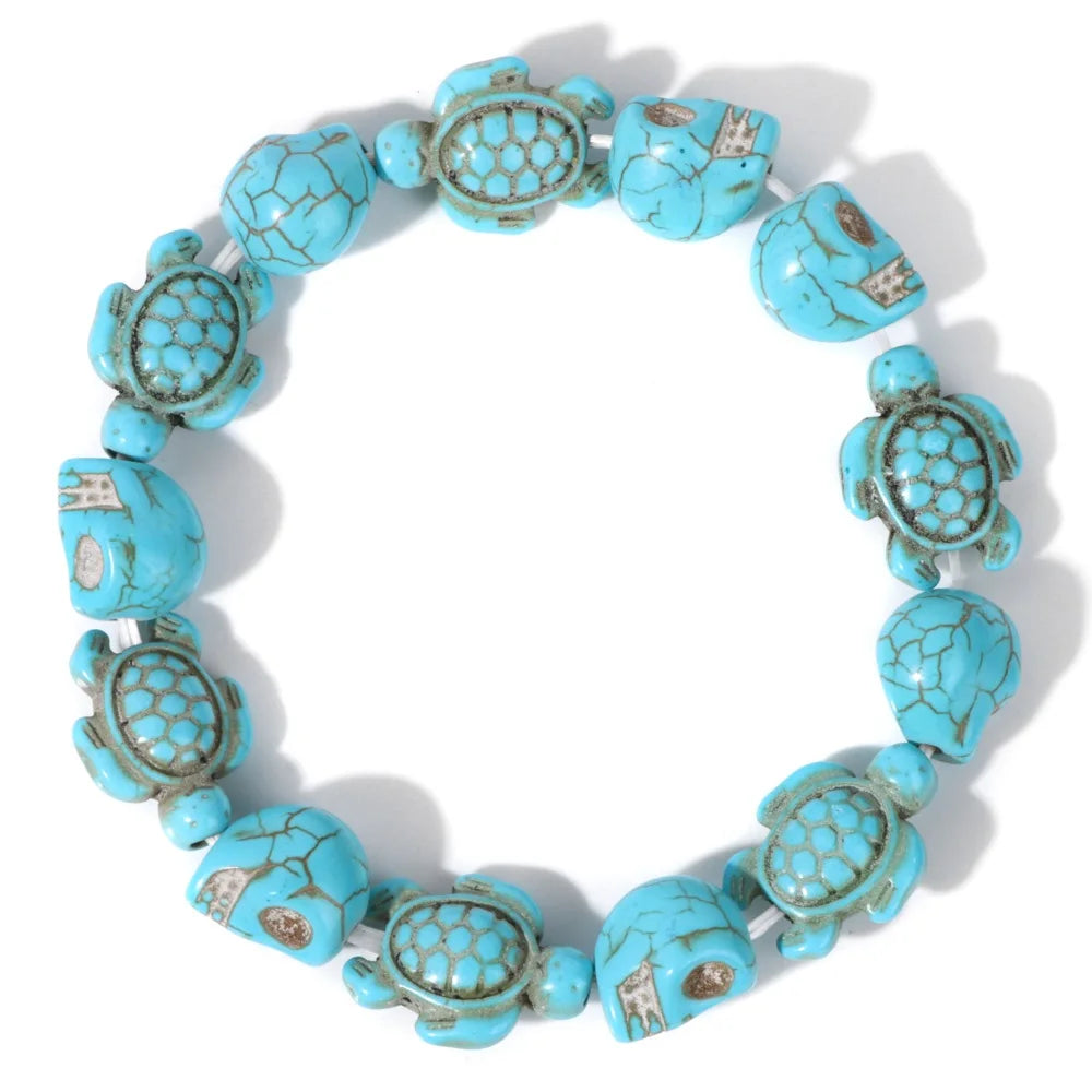 Colorful Skull Bracelet Sea Turtles Beaded Bracelets For Women Men Pink Red Blue White Howlite Stone Elastic Friendship Bangles
