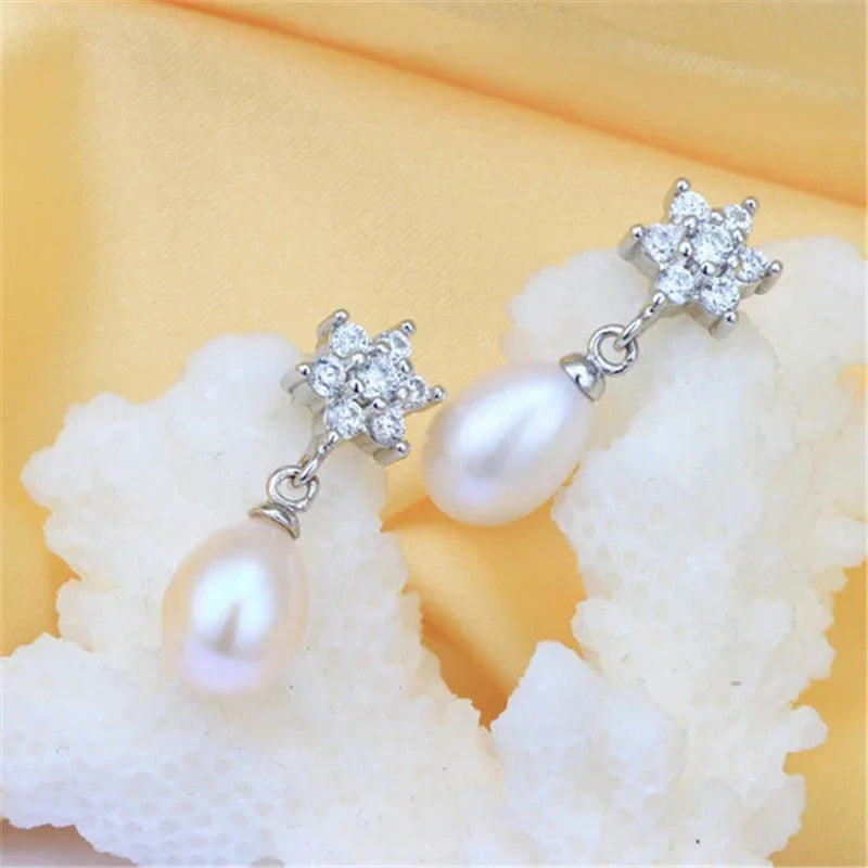 YWYC 8-9mm Natural Freshwater Pearl Earrings Jewelry Gift Hexagram Star 925 Sterling Silver Zircon Drop Earrings for Women
