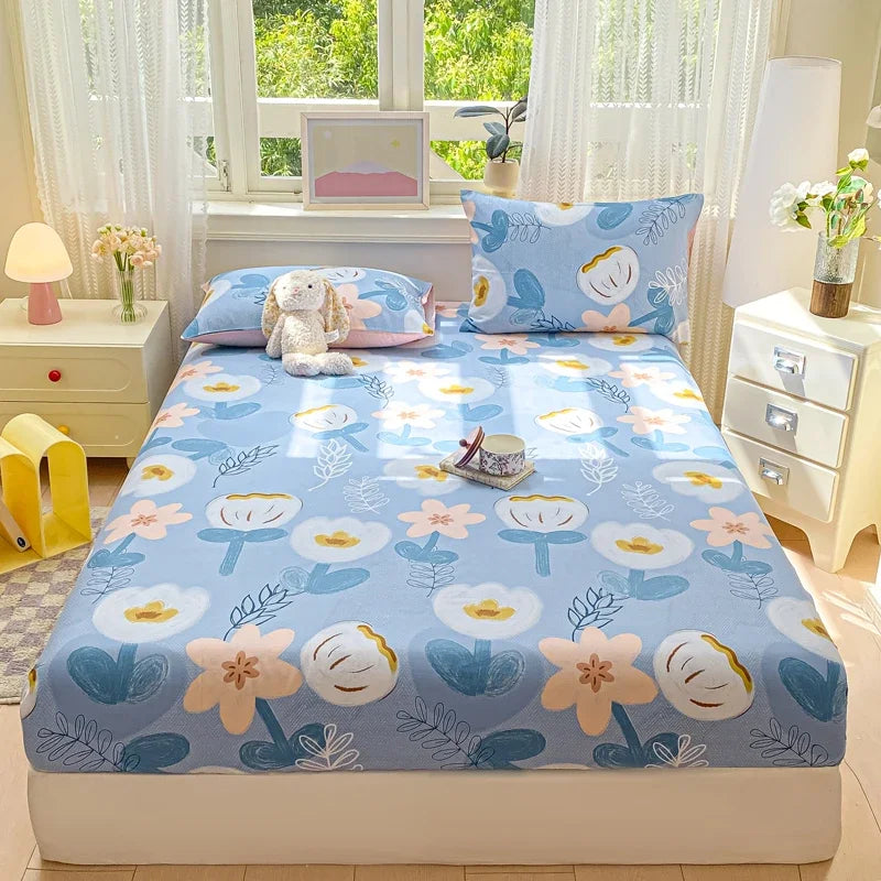 Cotton Fitted Sheet Single Double Queen Size Printed Mattress Cover With Elastic Band Bedsheet Soft Comfortable Fitsheet