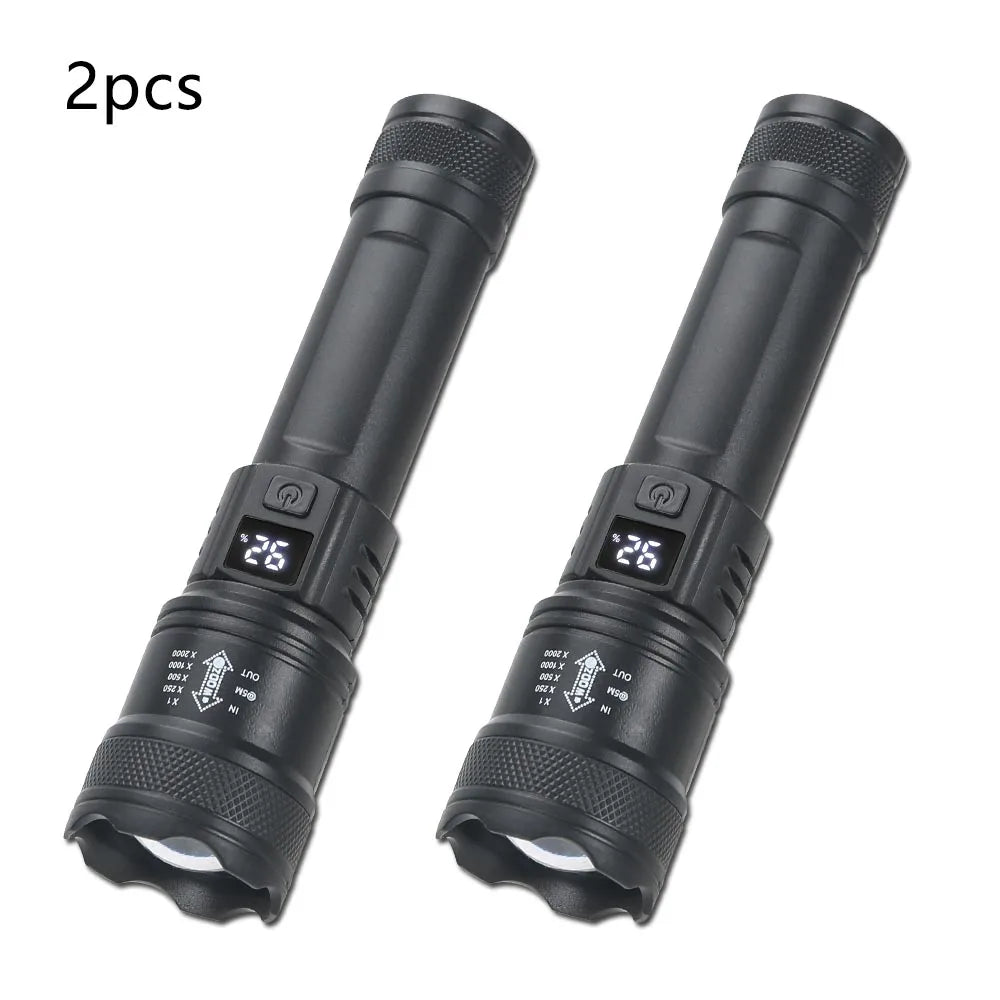 Hemasa LED Flashlight USB Rechargeable Torch with Display Zoomable Light with Battery Camping Hiking Lantern Emergency Lamp