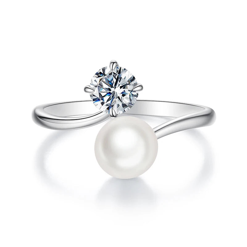 BAMOER 0.5CT Freshwater Pearl Moissanite Open Ring for Women, 925 Sterling Silver Elegant Anniversary Statement Natural Gift