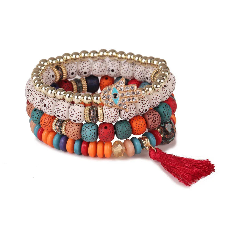 Hemasa  Evil Eye Tassel Bracelet Set For Women  / Stone Beads Chain Bangle Female Bohemian Jewelry Gift