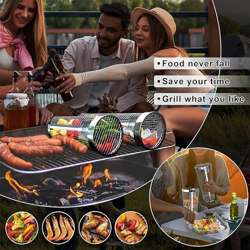 BBQ Grill Basket Stainless Steel Rolling Grilling Baskets for Ideal for Cooking Meat French Fries Vegetables on Outdoor Barbecue